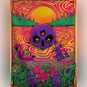 Trippy skull tapestry, UV reactive glow in the dark tapestry for bedroom.